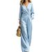 Women's Fashion V Neck Top And Wide Leg Pants Set Solid Color Long Sleeve Autumn Winter Outfit European American Style_ecoleips.com