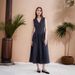 Elegant V-Neck Midi Dress – Loose-Fit Sleeveless Summer Dress With Pockets (Navy Blue) Lined Construction_ecoleips.com
