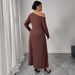 Off-Shoulder Plus Size Fall Dress – High Waist Slimming Long Sleeve Coffee Brown Dress With Belt Detail_ecoleips.com