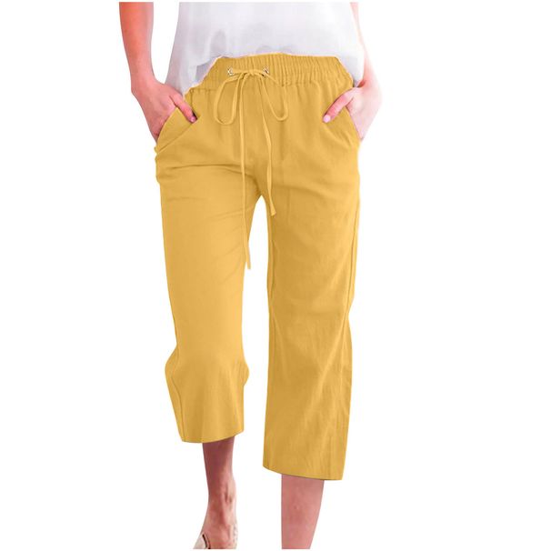 Suitable For All Seasons 2025 Women's Solid Color Drawstring Cotton Linen Casual Loose Straight Pocket Home Capri Pants_ecoleips.com