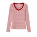 2025 #Selection Of Pure Cotton # Striped V-Neck Long Sleeved T-Shirt For Women In Autumn 2025, New Stylish Slim Fit Versatile_ecoleips.com
