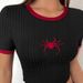 American Style Women's Pullover Crop Top Unique Spider Embroidery Ribbed Texture Color Block Slim Fit Midriff Baring Top_ecoleips.com