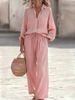 Women's Pure Color Linen-Like Loose Fit Long Sleeve Two Piece Set Comfortable Casual Outfit_ecoleips.com