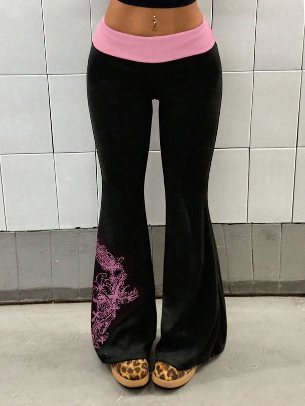 Floral Print Drawstring Flared Pants for Women Stretchy Slim Fitting Sexy Style Trousers Cross Border Hot Selling_ecoleips.com