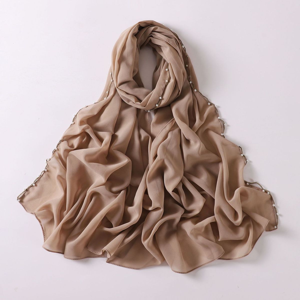 Women's Clothing Elegant Chiffon Scarf With Pearl Beading & Wavy Hem – Lightweight Middle Eastern Head Wrap, 70x175cm, Summer Sun Protection_ecoleips.com