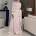 Elegant Pleated Evening Gown With Train - Long Sleeve High Neck Formal Dress For Weddings & Parties - Pink_ecoleips.com