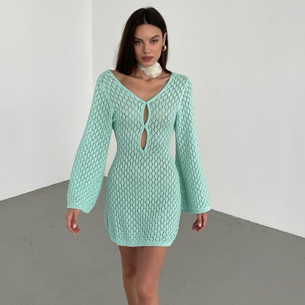 Women's Clothing New Beach Skirt Women's Solid Color Sexy Knitted Hollow Bikini Swimsuit Cover Up Sun Protection Clothing_ecoleips.com