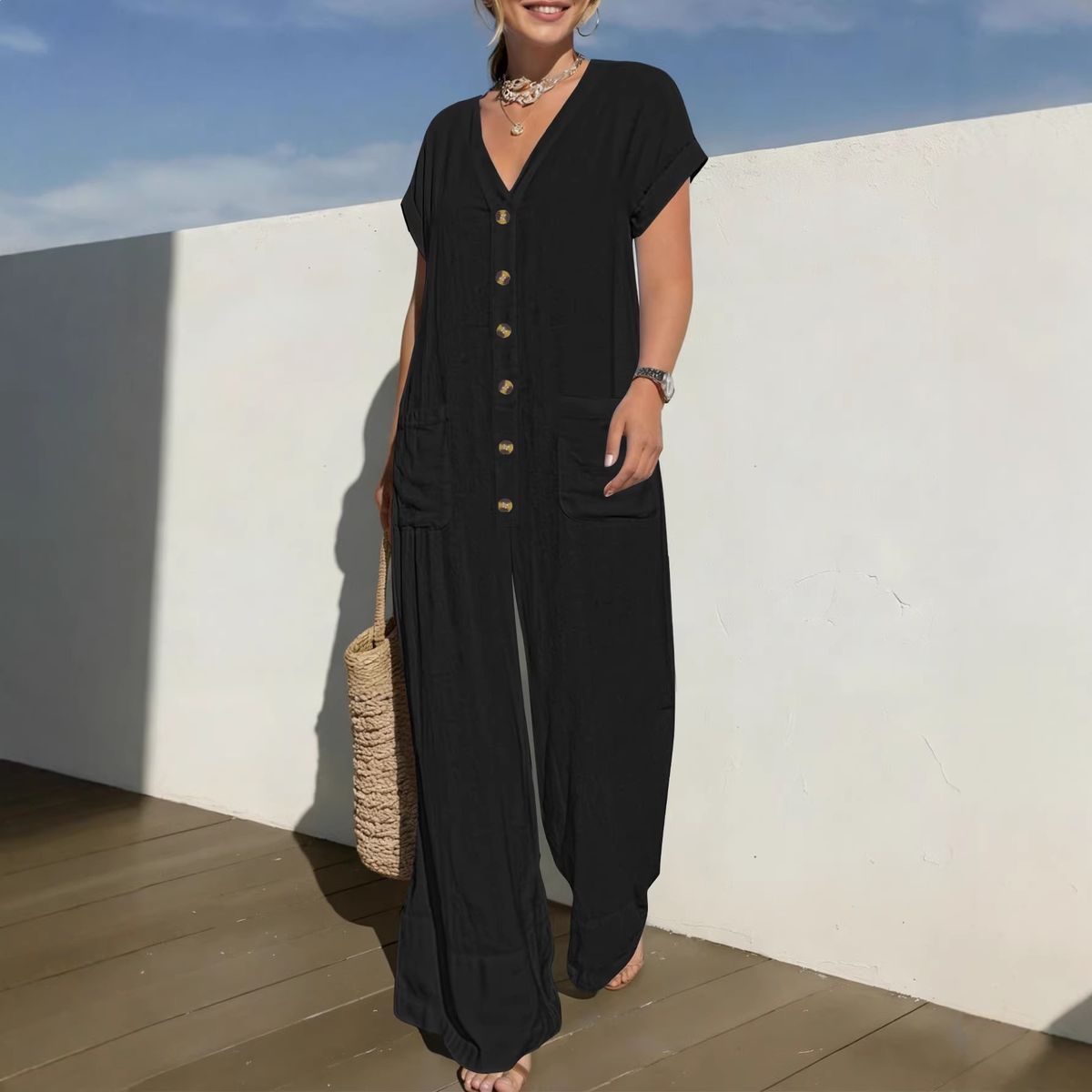 Flowy Batwing Sleeve Jumpsuit For Women | V-Neck Wide-Leg Romper, Casual Loungewear & Daytime Chic Relaxed Batwing Sleeves & V-Neck_ecoleips.com