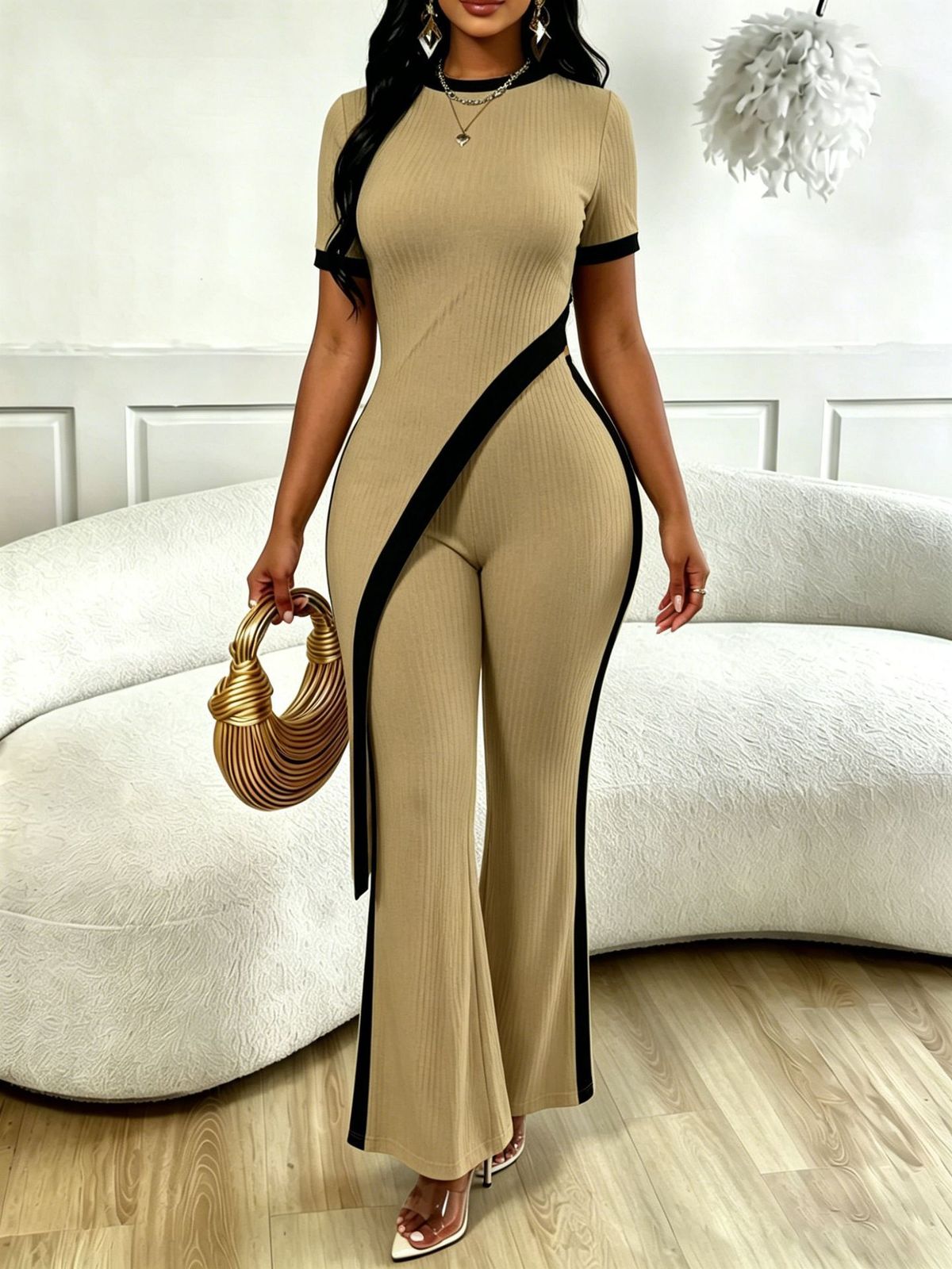 TD2814 Women's Sexy Design Color Block Bias Cut Cropped Top And Wide Leg Pants Set European American Style Waist Cinching_ecoleips.com