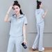 Women's Clothing Short Sleeved Sports Suits Women's Casual Two-Piece Outfit - Trendy Short Sleeve Top & Wide Leg Pants Set (Blue, Pink, Gray, White)_ecoleips.com