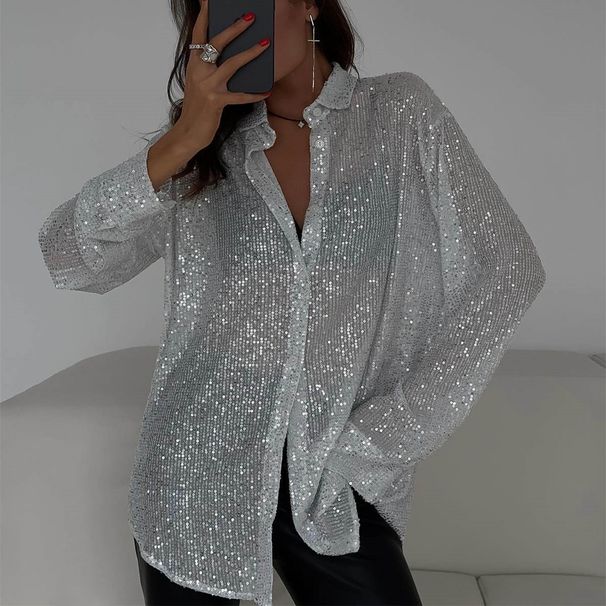 Women's Sequined Shirt Jacket Long Sleeves Lapel Sexy Top For Autumn Winter European American Style_ecoleips.com