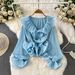 Women's Sweet Ruffled V Neck Blouse Trendy Niche Design Light Luxury Pleated Top for Spring And Autumn Vacation Style_ecoleips.com