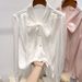Women’s Clothing new temperament slim solid color V neck organza lace up single breasted long sleeved chiffon shirt for women_ecoleips.com