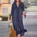 Women's Classic Denim Shirt Dress With Pocket – A-Line Long Sleeve Casual Maxi Skirt For Everyday Wear (Blue, Dark Blue, Black Grey, S-5xl)_ecoleips.com
