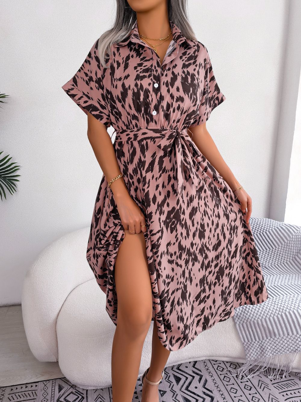Women's Clothing Spring And Summer Casual Loose Leopard Print Lace Up Shirt Dress_ecoleips.com
