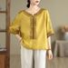 Chinese-Style Cotton-Linen Embroidered T-Shirt With V-Neck And Short Sleeves; Women's Summer Garment Featuring A Loose F_ecoleips.com