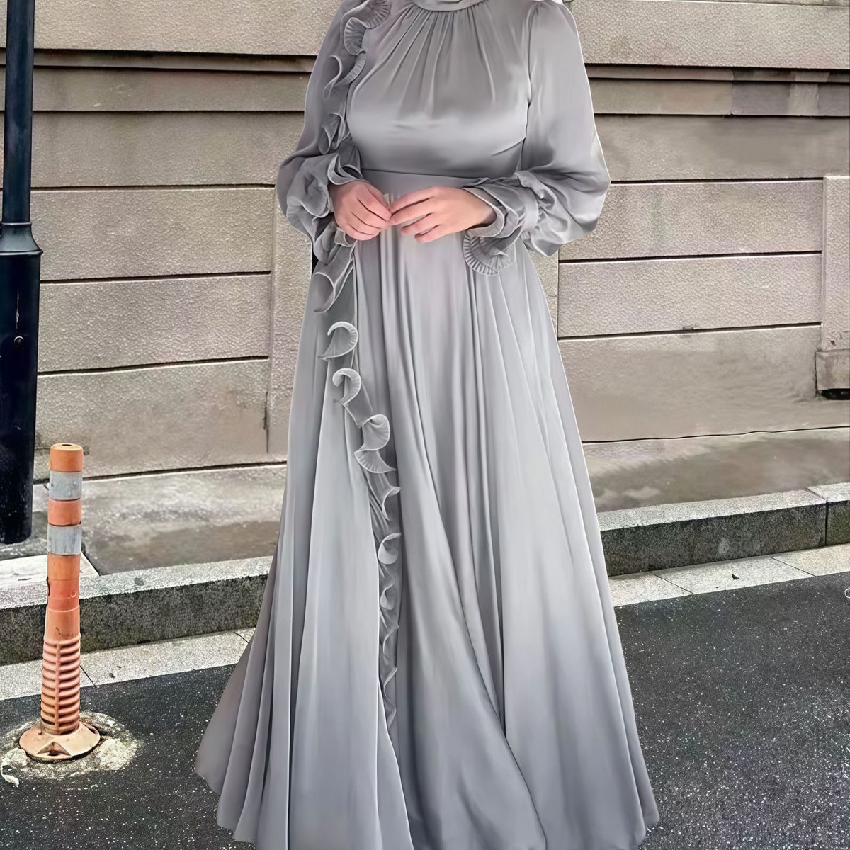 Elegant One-Sided Ruffle Long Dress With Petal Sleeves – Sea Blue / Silvery / Graphite (S-XL)_ecoleips.com