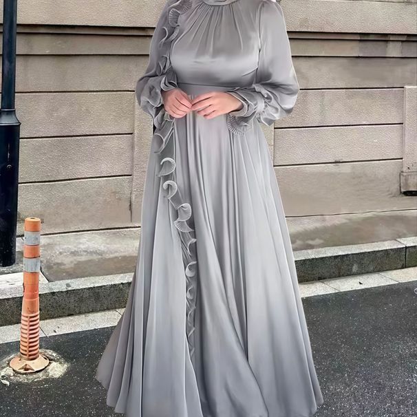 Elegant One-Sided Ruffle Long Dress With Petal Sleeves – Sea Blue / Silvery / Graphite (S-XL)_ecoleips.com