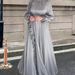 Elegant One-Sided Ruffle Long Dress With Petal Sleeves – Sea Blue / Silvery / Graphite (S-XL)_ecoleips.com