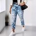 Women's Clothing Printed Pattern Ripped Straight Casual Jeans Women_ecoleips.com