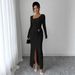 European And American Cross-Border 2025 Autumn Winter New Irregular Neck Solid Color Knitted Texture Long Dress_ecoleips.com