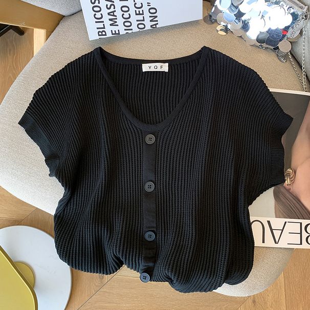 Women's Clothing Simple V Neck Short Sleeved Top T Shirt Western Style Ice Silk Knit Sweater For Women_ecoleips.com