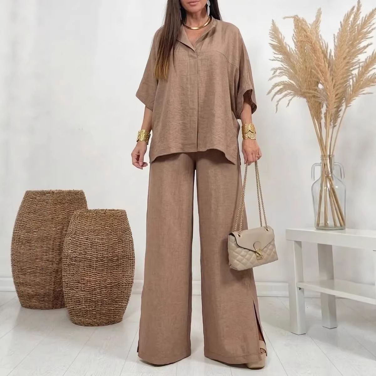 Women’s Casual Loose-Fit Solid Color Shirt Set – Trendy Spring/Summer Two-Piece Outfit_ecoleips.com