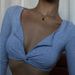 Women's Clothing Gray Retro V Neck Long Sleeved Short T Shirt Female Autumn Korean Version Of Navel Baring T Shirt Hot Girl Outfit_ecoleips.com