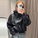 Women's Double Layer Collar Leather Jacket Loose Fit Trendy Black Motorcycle Style Coat Autumn/Winter Elegant Fashion Daily_ecoleips.com