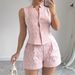 Women's Textured 2 Piece Outfit, Sleeveless V-Neck Button Down Vest Top & High Waist Casual Shorts Set, Elegant Solid Summer Co Ord Sets For Daily Wea_ecoleips.com