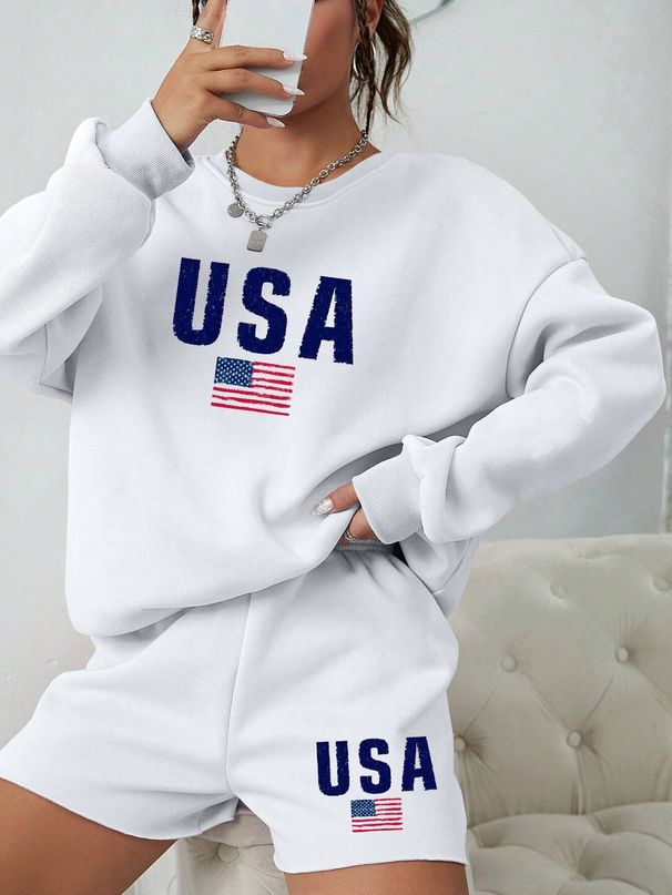 Women's Clothing Round Neck Sweatshirt Long Sleeved Shorts Loose Casual Suit Sweatshirt Letters Heart Print Shorts Suit_ecoleips.com
