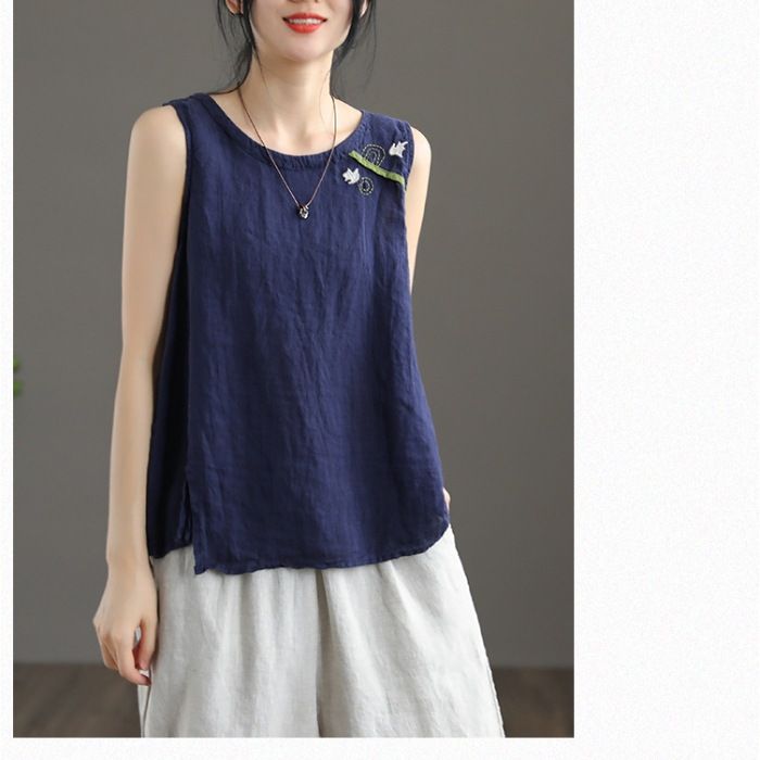 Summer Retro Cotton And Linen Vest For Women With Artistic Embroidery. Outerwear And Innerwear With A Strappy Top. Women_ecoleips.com