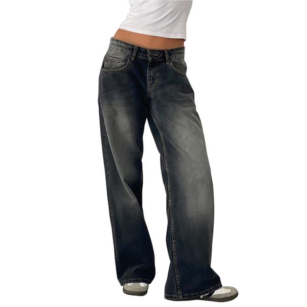 American Retro Low Waist Non Elastic Washed Straight Jeans For Women New Street Wide Leg Denim Pants For Women_ecoleips.com