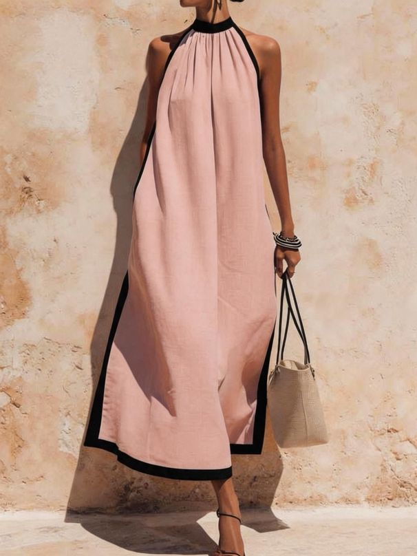 Women's Color Block Off Shoulder Halter Linen Dress – Loose Fit Boho Casual Resort Gown_ecoleips.com