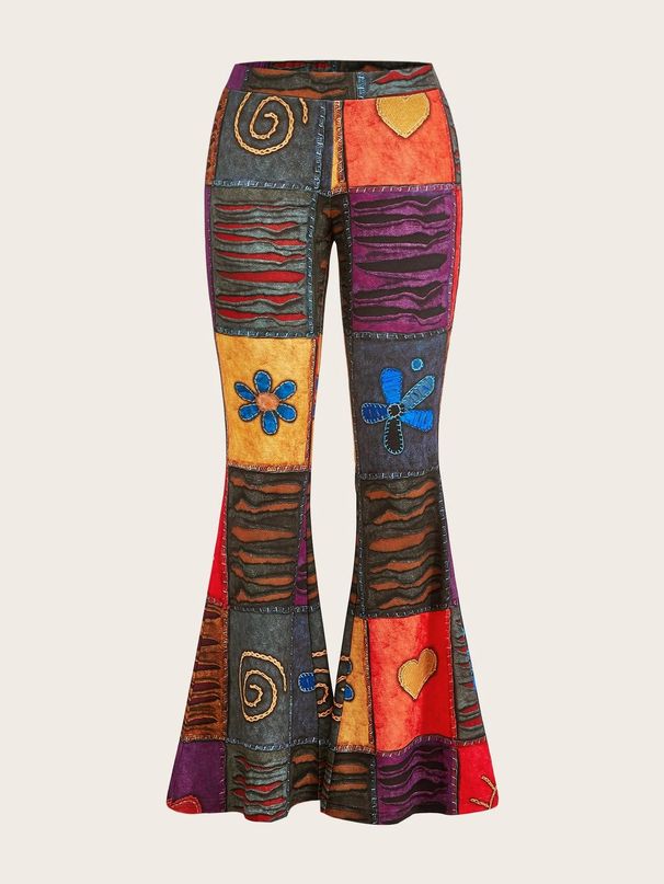 Women's Clothing Pattern Abstract Art Style Personality Trend Tight Flared Trousers_ecoleips.com