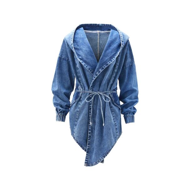 Women's Clothing Spring And Autumn New Waist Denim Windbreaker Long Sleeved Denim Women's Jacket Of The Cardigan Mid Length Cape 6331_ecoleips.com