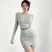 AC453 New Cross-Border Round Neck Solid Color Stretch Tight-Fitting Long-Sleeve Bodycon Slimming Dress_ecoleips.com