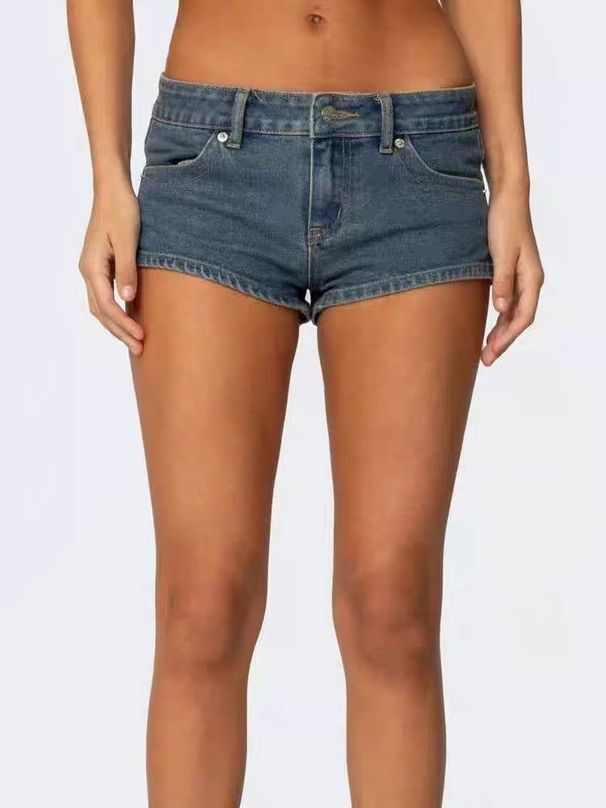 Low-Rise Denim Shorts For Women – Stretchy A-Line High Waist Hot Pants | American Retro Style (S-L, White/Washed Blue)_ecoleips.com