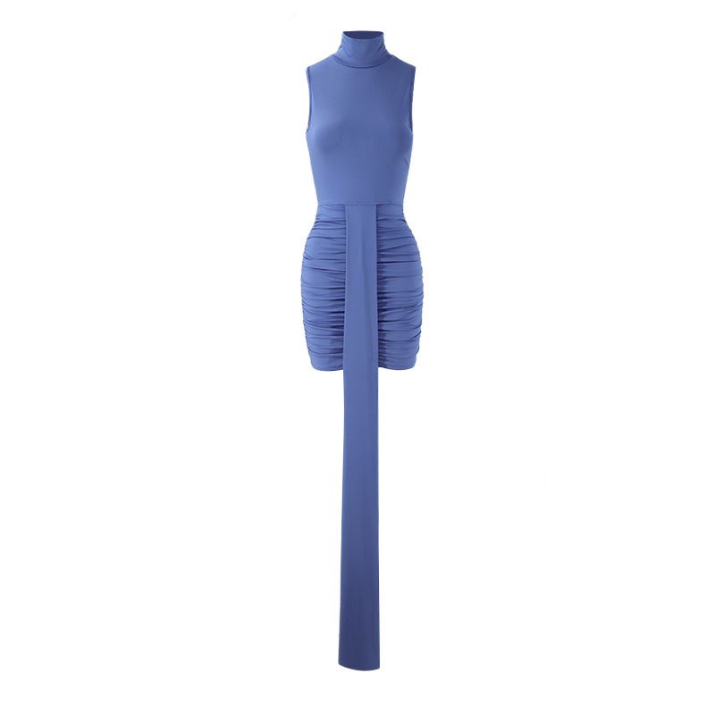 Women's Clothing Women's High Neck Sleeveless Slim Fit Pleated Ribbon Dress European American Style Fashion Trend_ecoleips.com