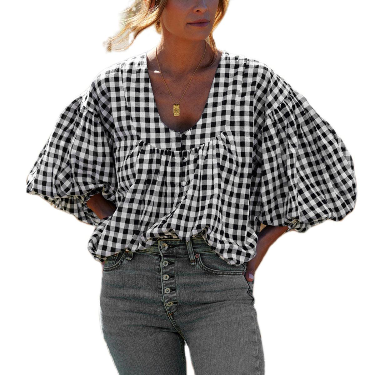 Women's Clothing New Round Neck Ruffled Neck Puff Sleeve Loose Plaid Shirt Lazy Top_ecoleips.com
