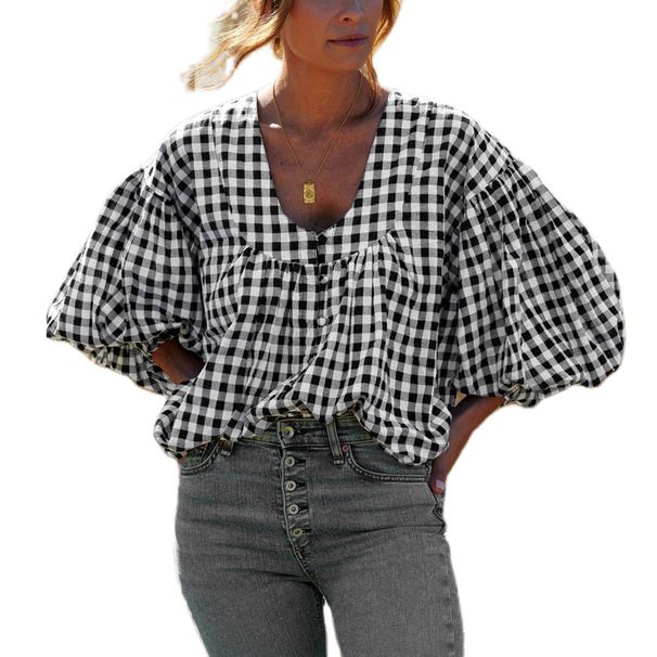 Women's Clothing New Round Neck Ruffled Neck Puff Sleeve Loose Plaid Shirt Lazy Top_ecoleips.com