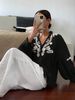 Women's V Neck Long Sleeve Top Heavy Embroidery Pearl Single Breasted European American Style Solid Color Lantern Top_ecoleips.com
