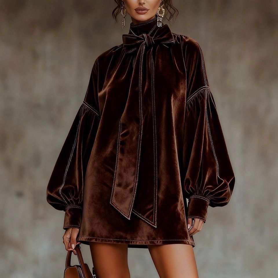 Women's Western Retro Style High Neck Suede Dress Autumn Winter New Bow Dress_ecoleips.com