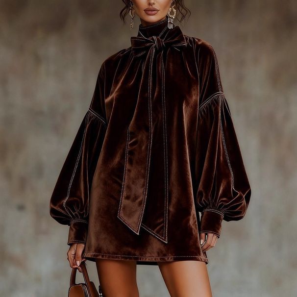Women's Western Retro Style High Neck Suede Dress Autumn Winter New Bow Dress_ecoleips.com