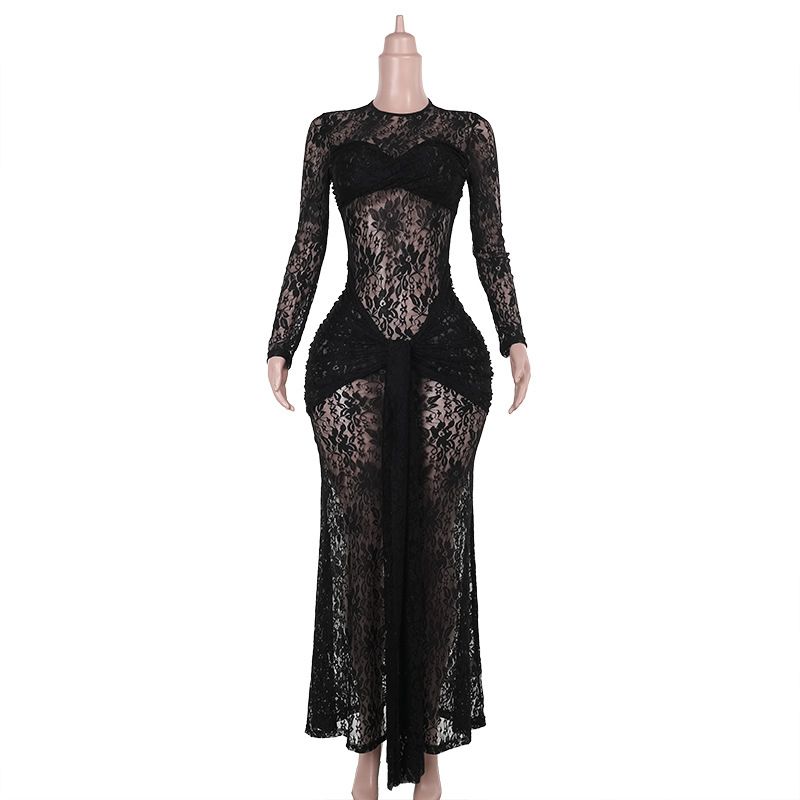 YJ24516 Fall 2024 New Bodycon European And American Style Elegant Sexy Slightly Sheer Slim Lace Dress For Women_ecoleips.com