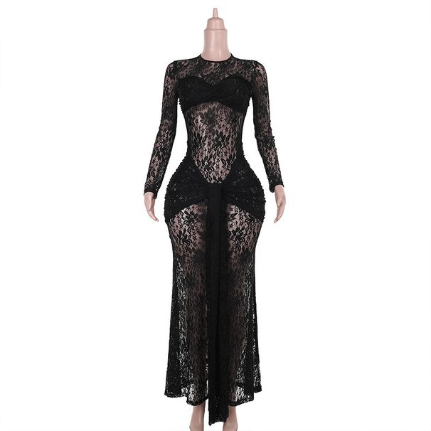 YJ24516 Fall 2024 New Bodycon European And American Style Elegant Sexy Slightly Sheer Slim Lace Dress For Women_ecoleips.com