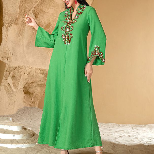 High End Rice Bead Embroidery Fashion Dress Abaya Robe Long Skirt_ecoleips.com