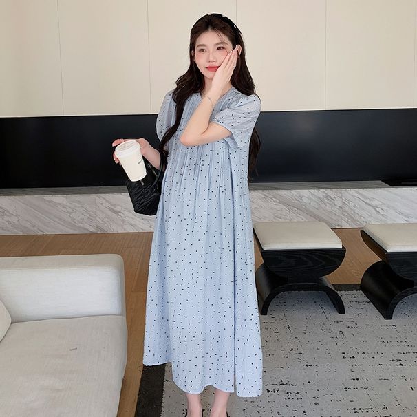 Summer New Korean Fashion Fresh Slimming Tencel Cotton Polka Dot Maternity Dress_ecoleips.com