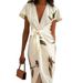 Women's Clothing V Neck Short Sleeve Lace Up Digital Printing Dress_ecoleips.com