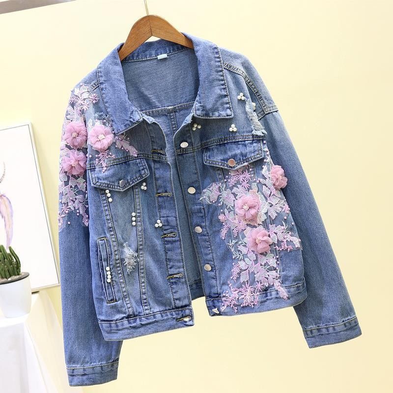 Women's Clothing Denim Short Jacket Loose Spring And Autumn New Heavy Embroidery Three Dimensional Flower Holes Tops_ecoleips.com